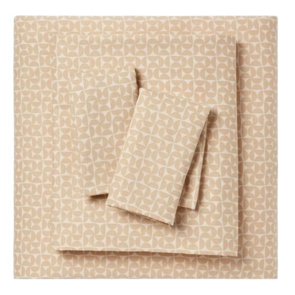 Queen Cotton Blend Sateen Sheet Set Natural Geo Tan Cream Geometric 4 Piece